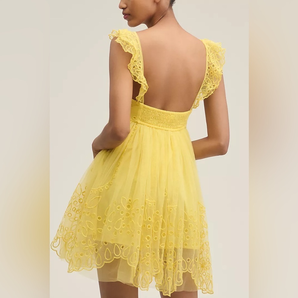 NWT ANTHROPOLOGIE x LET ME BE Yellow Eyelet Tulle Lace Mini Dress Size XS - Picture 3 of 10